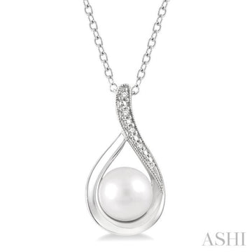 7x7 MM Drop Shape Cultured Pearl and 1/50 Ctw Round Cut Diamond Pendant With Chain in Sterling Silver